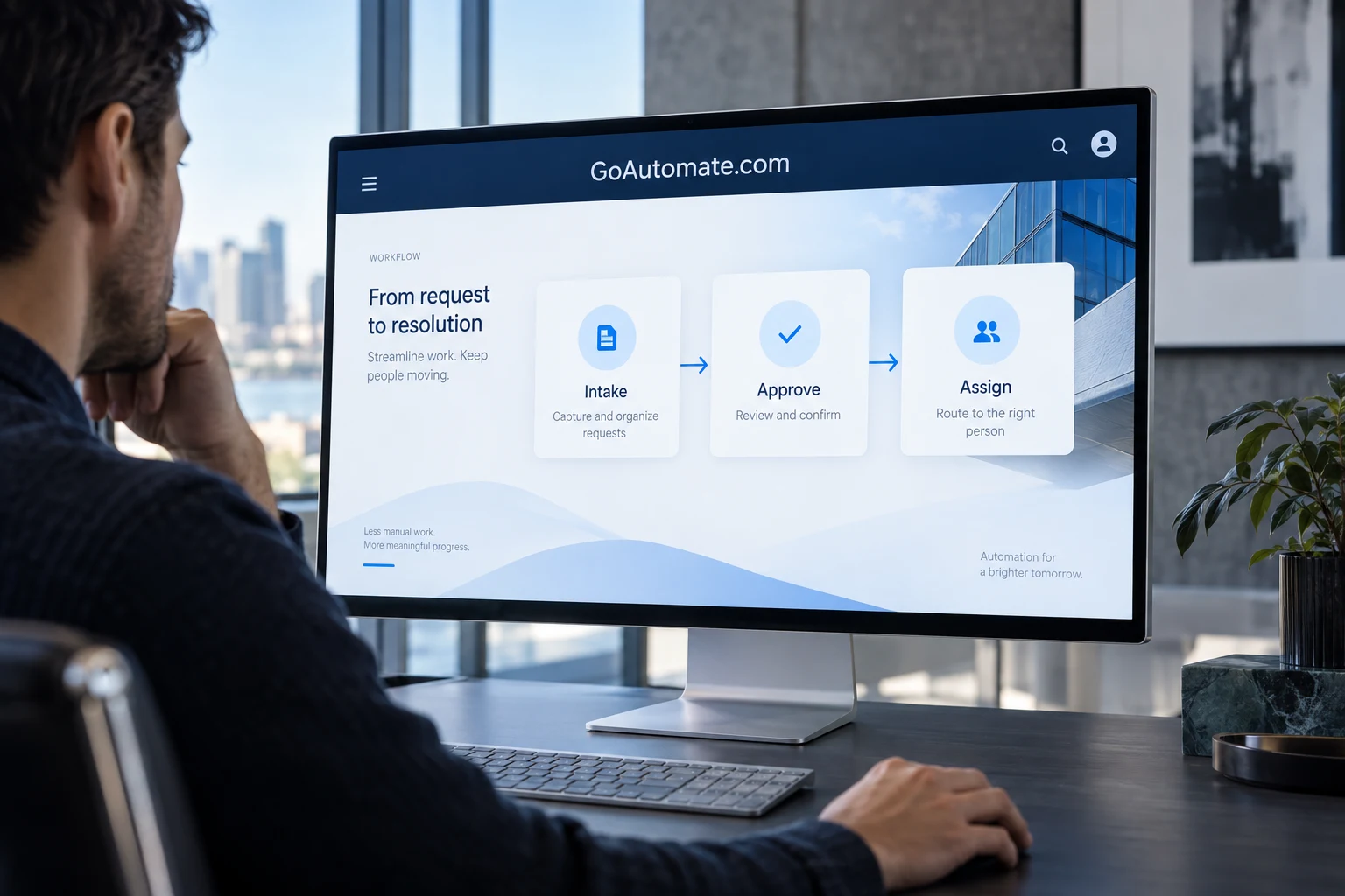 An automation specialist reviewing a branded workflow